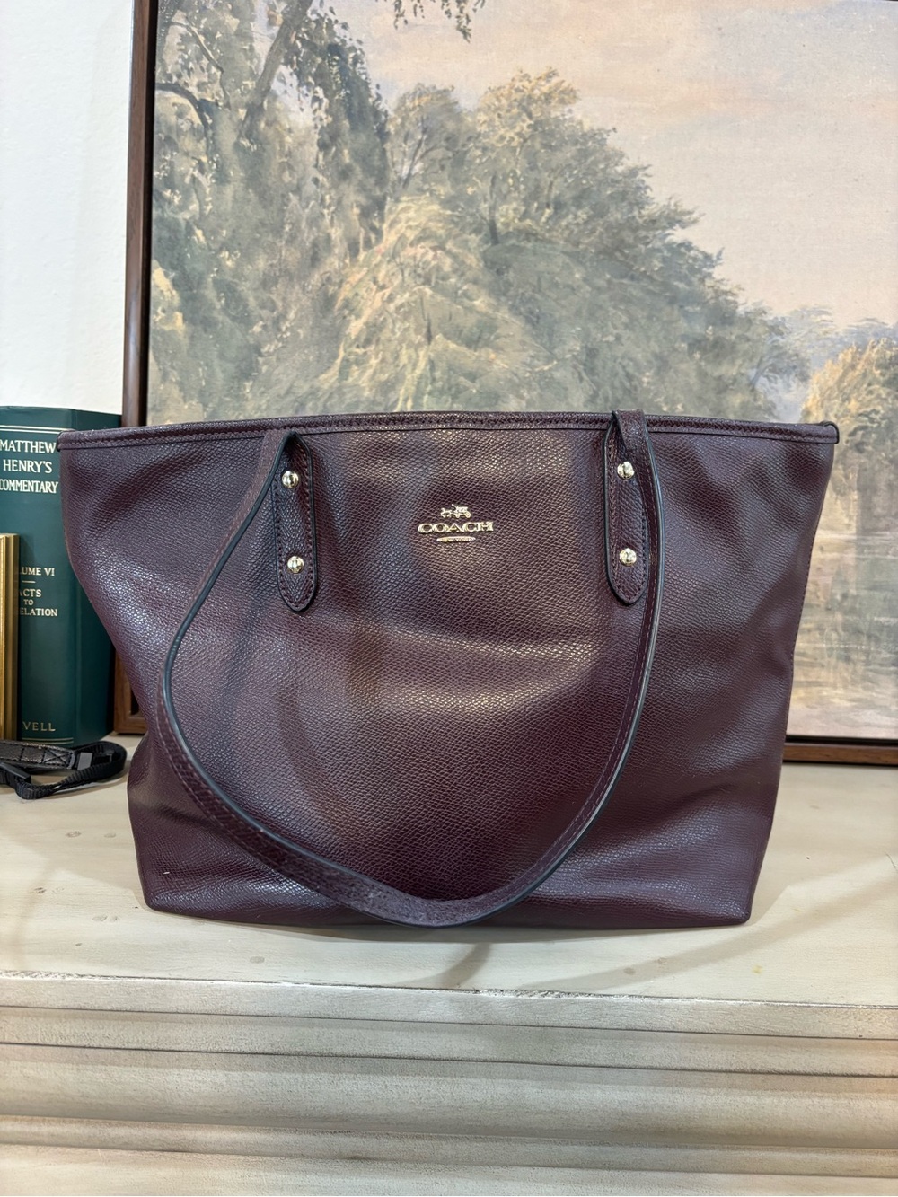 Coach Burgundy Leather Tote with Gold Logo